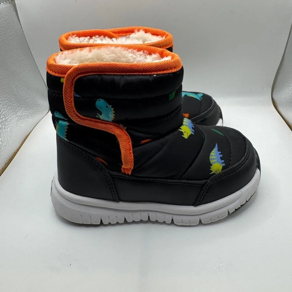 NWOT Toddler 6 Boys Black and Orange Dinosaur Winter Snow Boots w Velcro Closure